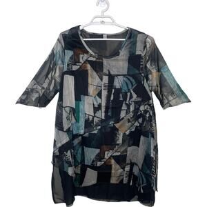 PRETTY ANGEL‎ Silk Gray Blue Abstract Art Patchwork Tunic Blouse Lagenlook Sz M